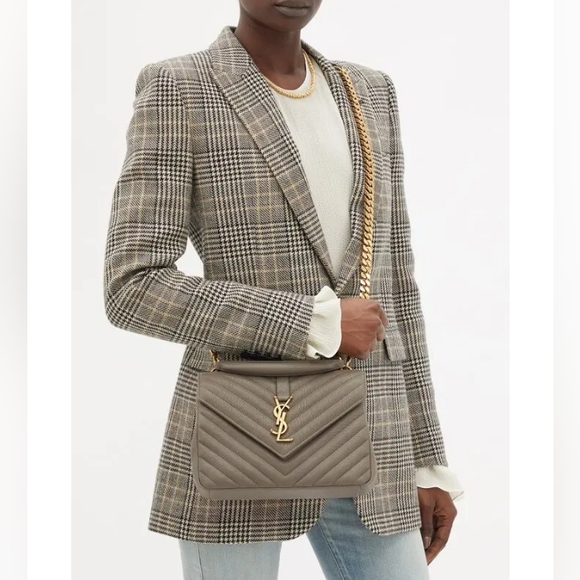 NEW SAINT LAURENT COLLEGE MEDIUM CHAIN BAG IN QUILTED LEATHER GREY GOLD - Picture 15 of 16